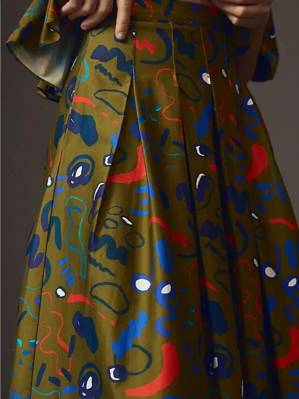 HUNTER BELL Olive Green Midi Skirt with Blue and Red Abstract Print - Picture 2 of 6